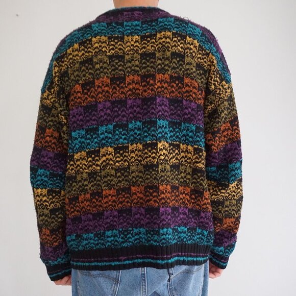 '80S Teal Purple Yellow 3D Eclectic Coogi Biggie Cosby Crewneck Knit Sweater L - Picture 2 of 9